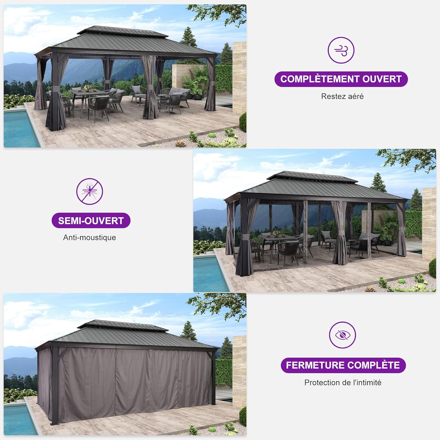 bleujardin - Pergola double toit acier - 6x3,65m - moustiquaire, rideaux, gouttière, poteaux renforcés