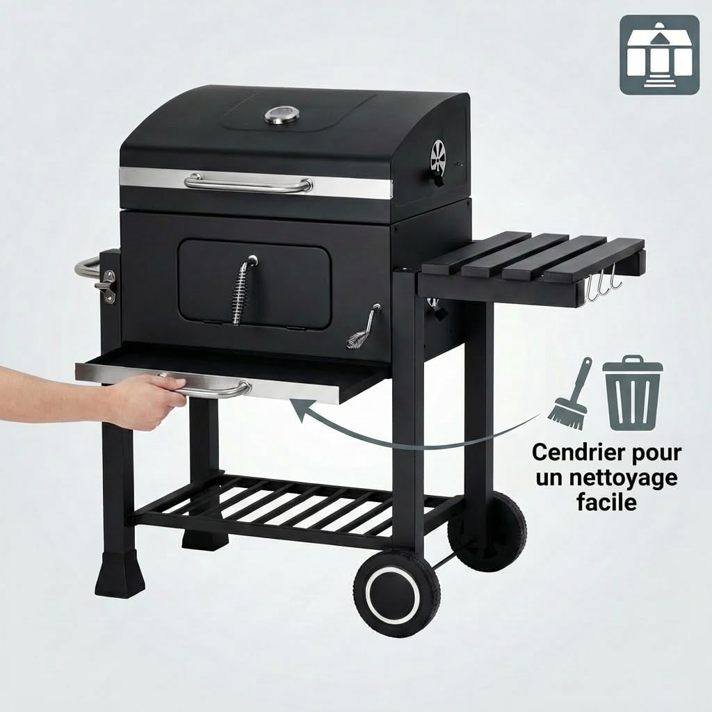 bleujardin - Memphis - acier, grille, tablette pliable, roulettes, thermomètre, bac à cendres