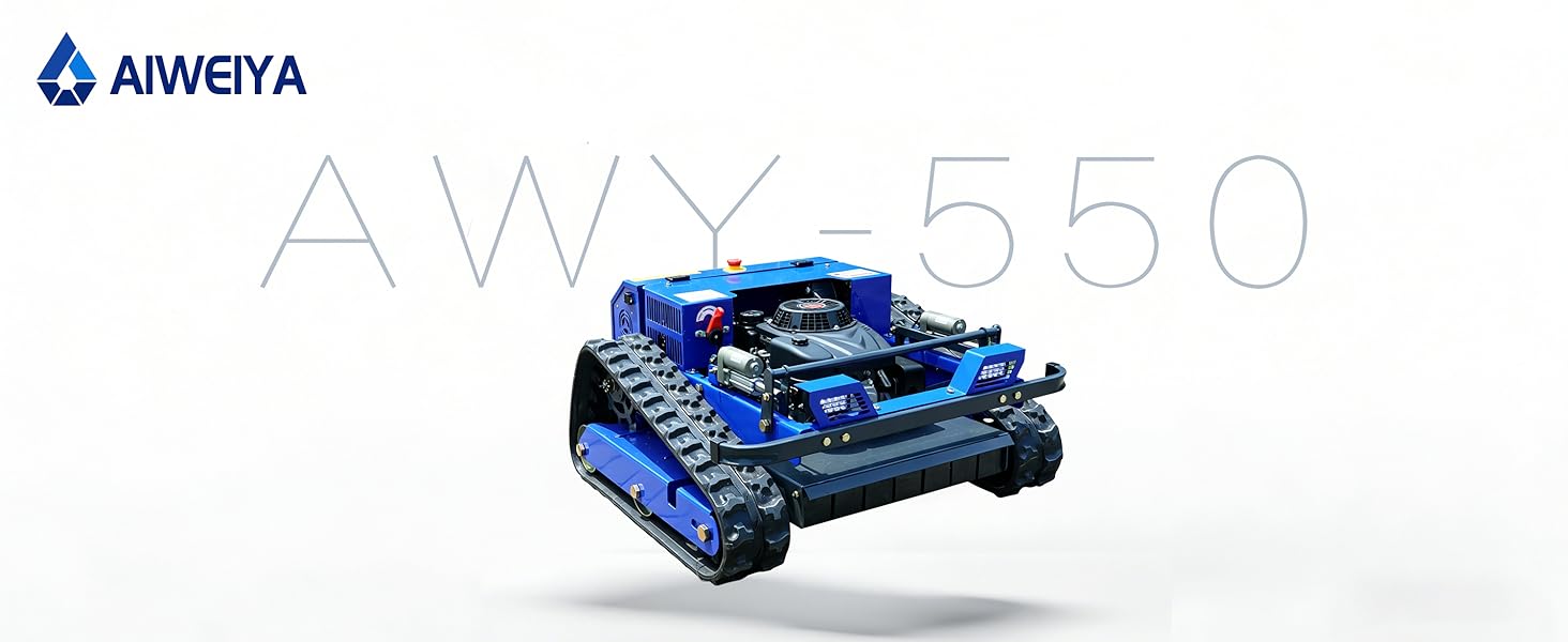 Le texte indique « bleujardin » et « AW-550 ». Véhicule robotique à chenilles bleu avec des marches en forme de char, représenté en perspective 3D sur fond blanc. Image de présentation du produit technique.