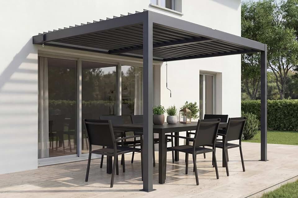 bleujardin - Piana 3x2m - pergola adossée aluminium, gris, 1 persienne