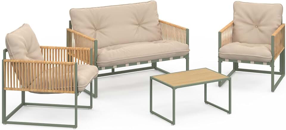 bleujardin - Rio - salon bas 4 places métal vert, cordage rotin, coussins beige