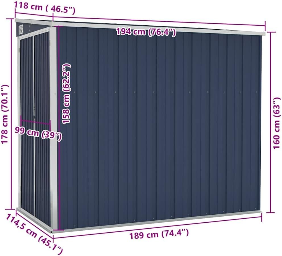 bleujardin Abri de Jardin Mural Anthracite 118x194x178 cm Acier