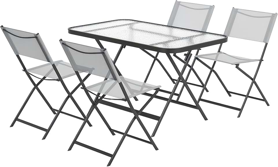 bleujardin - Ensemble de jardin 5 pcs - chaises pliables, table verre, gris