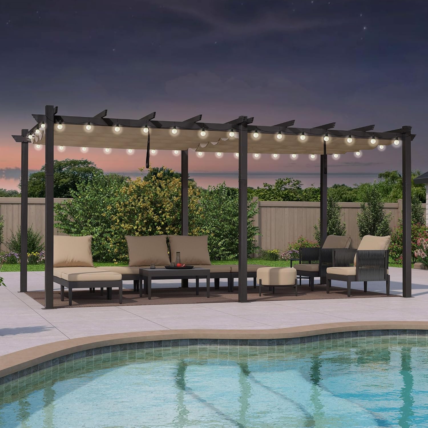 bleujardin - pergola aluminium 5,5x3,5m toit rétractable LED kaki