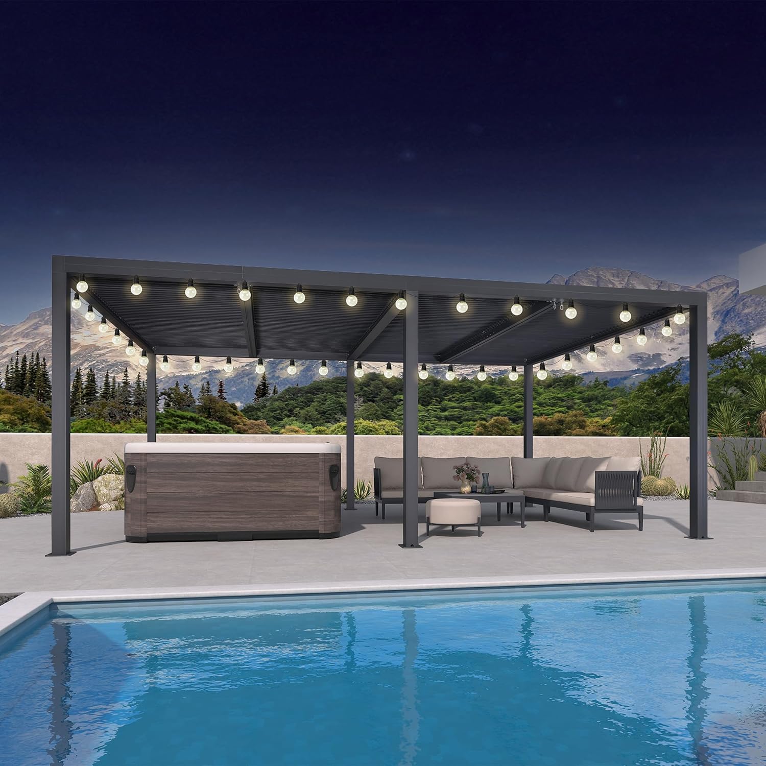 bleujardin - Pergola bioclimatique - 6x3,68m - éclairage intégré, aluminium, lames orientables