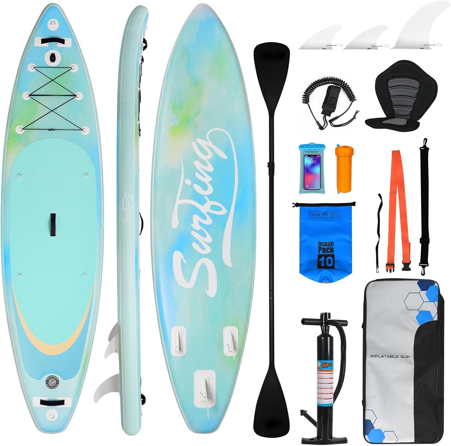 bleujardin - paddle gonflable adulte - 320/335cm - 2 places, siège kayak, pagaie alu, support caméra, pompe, 150 kg