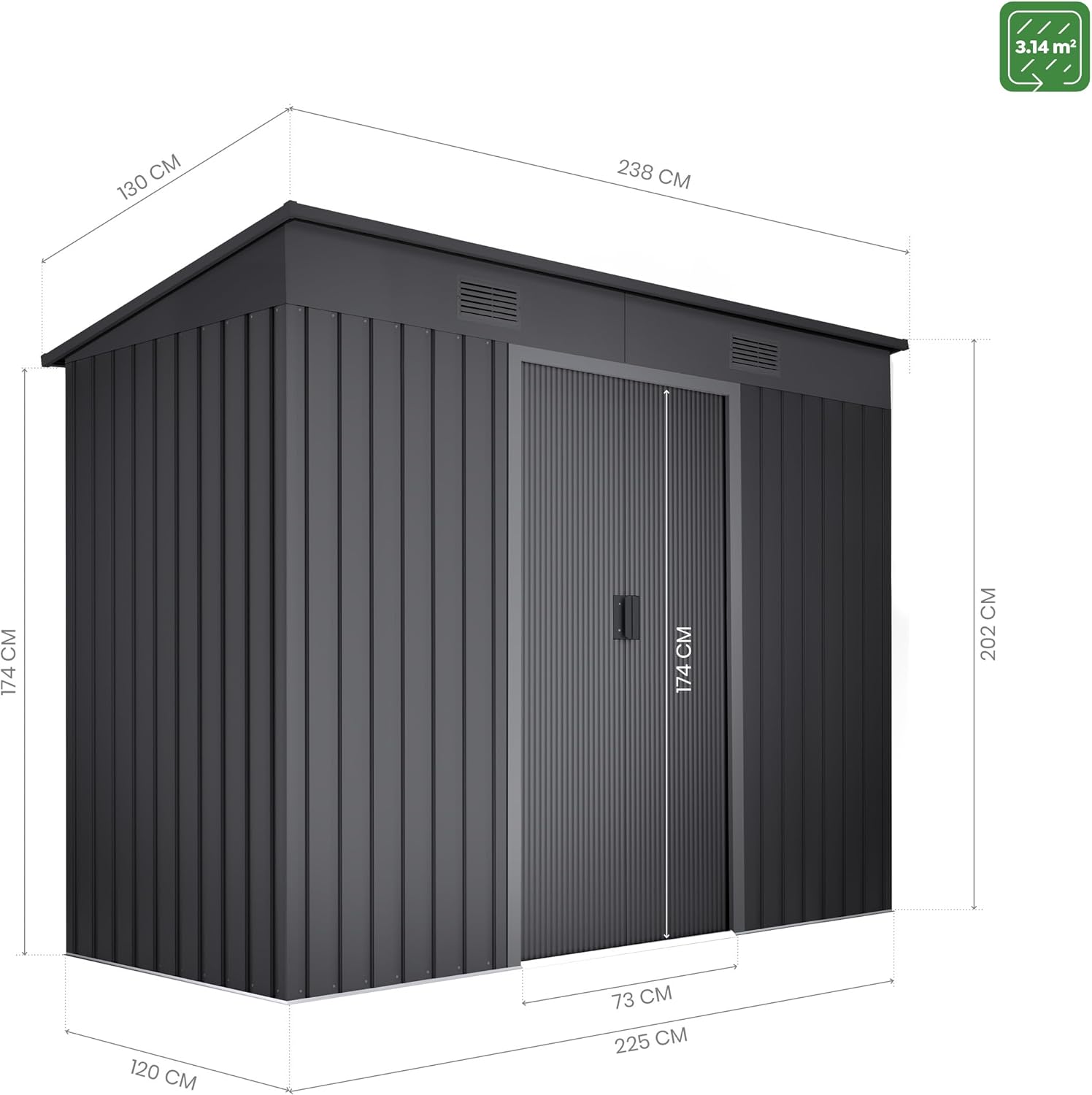 Abri de Jardin en métal 3,14m2 Light Anthracite - 238x130x202cm - 2 caillebotis - Anthracite - Double Porte coulissante - Rangement extérieur