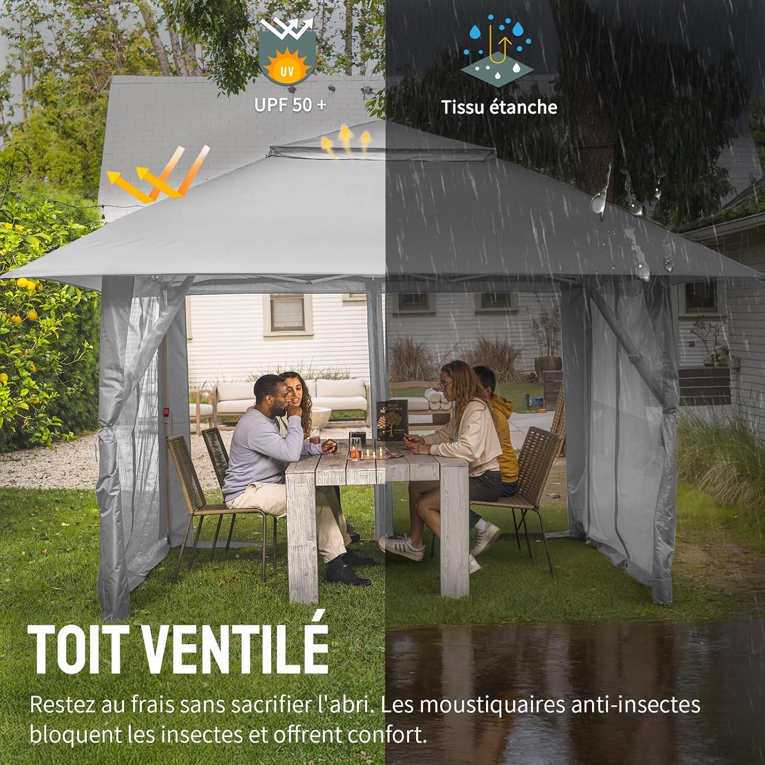 bleujardin - tonnelle jardin pop up - 4x4 m - double toit, côtés maille, hauteur réglable