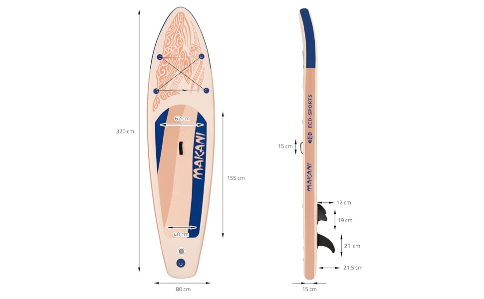 bleujardin Planche stand up paddling abricot Makani 320x80x15 cm SUP gonflable Planche paddle surf