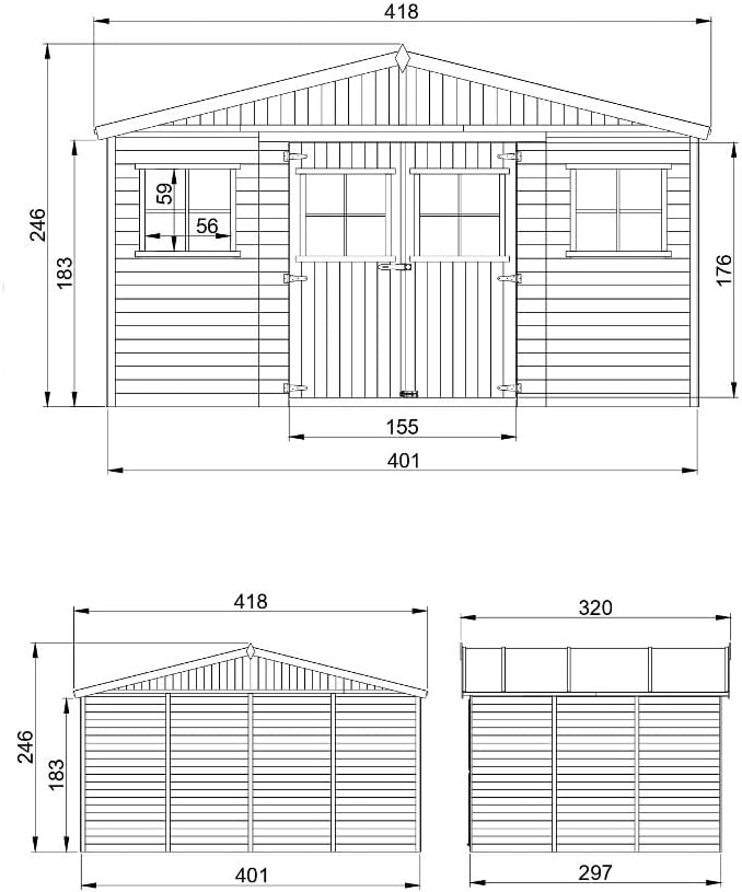 Abri de Jardin en Bois Exterieur avec Plancher IMPRÉGNÉ- Chalet en Pin/épicéa-H246x418x320 cm/12 m²- Construction de Panneaux - Rangement pour vélos, Remise à Outils- bleujardin M331+M331G
