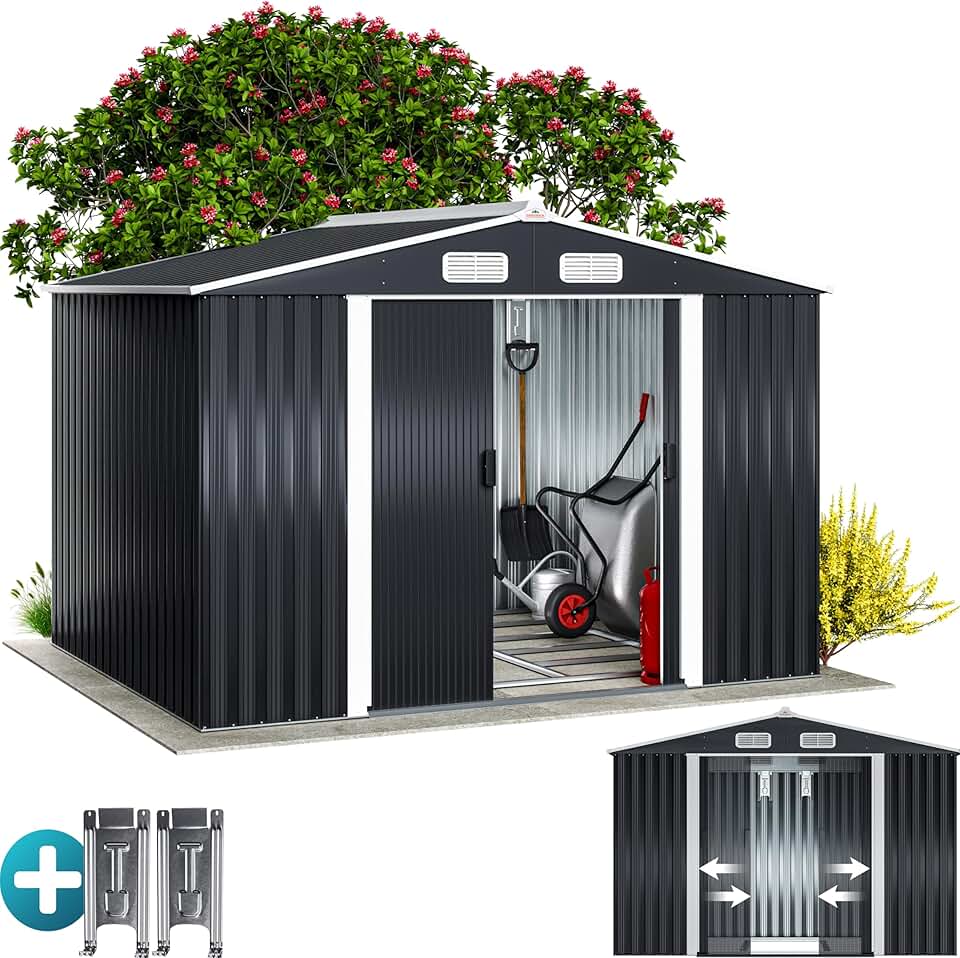Abri jardin métal XXL - 260x205x180cm - Porte coulissante, fondation, rangement outils -  bleujardin