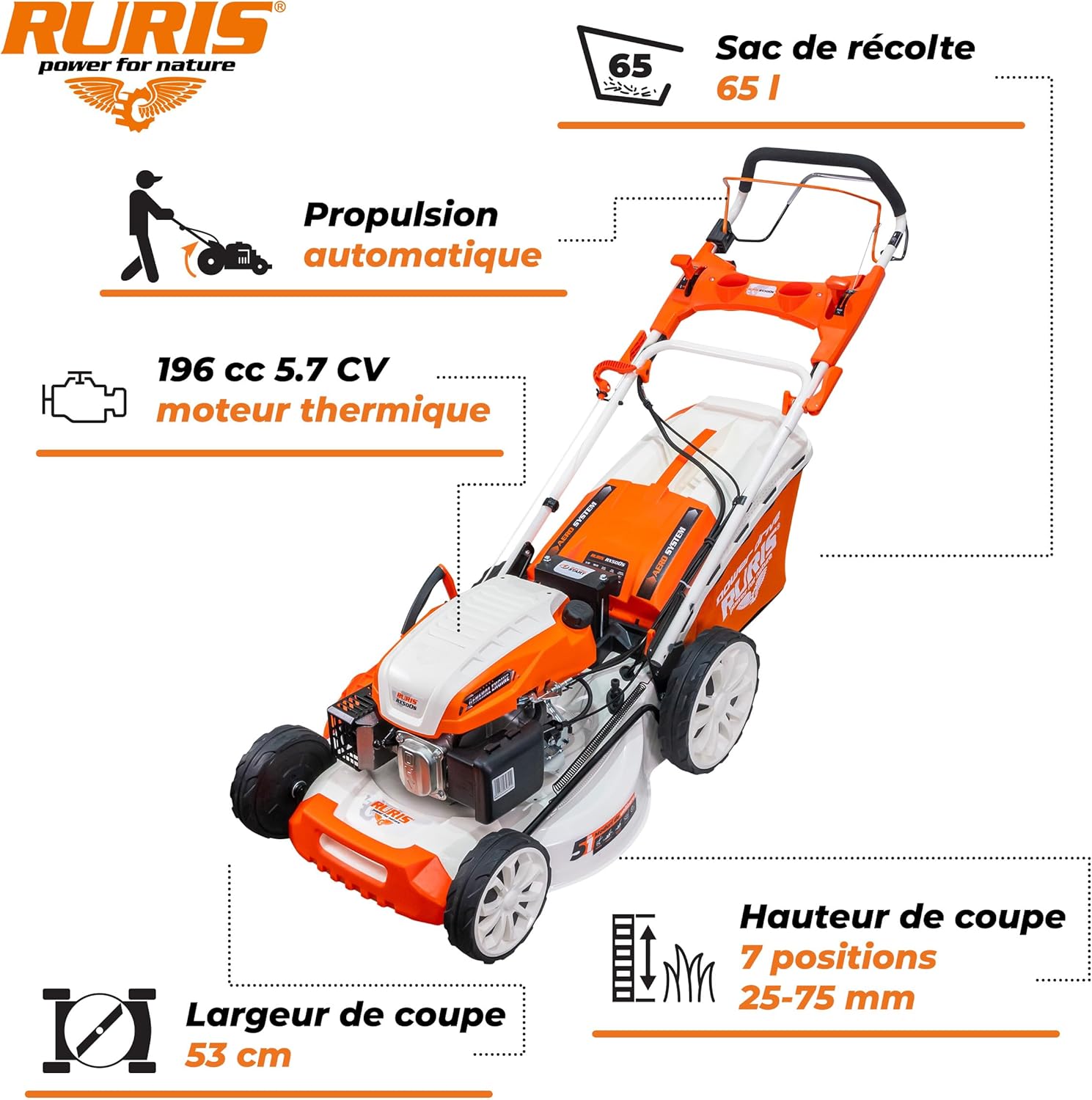 bleujardin Tondeuse à Gazon Thermique 5 en 1 Mulching 5,7 CV 196cc RX500S, Orange