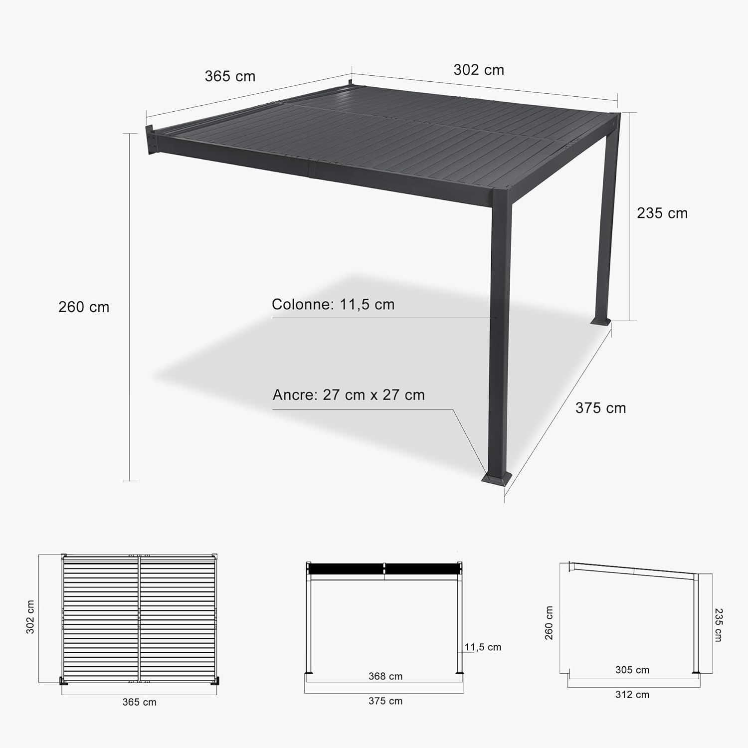 bleujardin - Pergola adossée 3x3.65m aluminium lames orientables durable