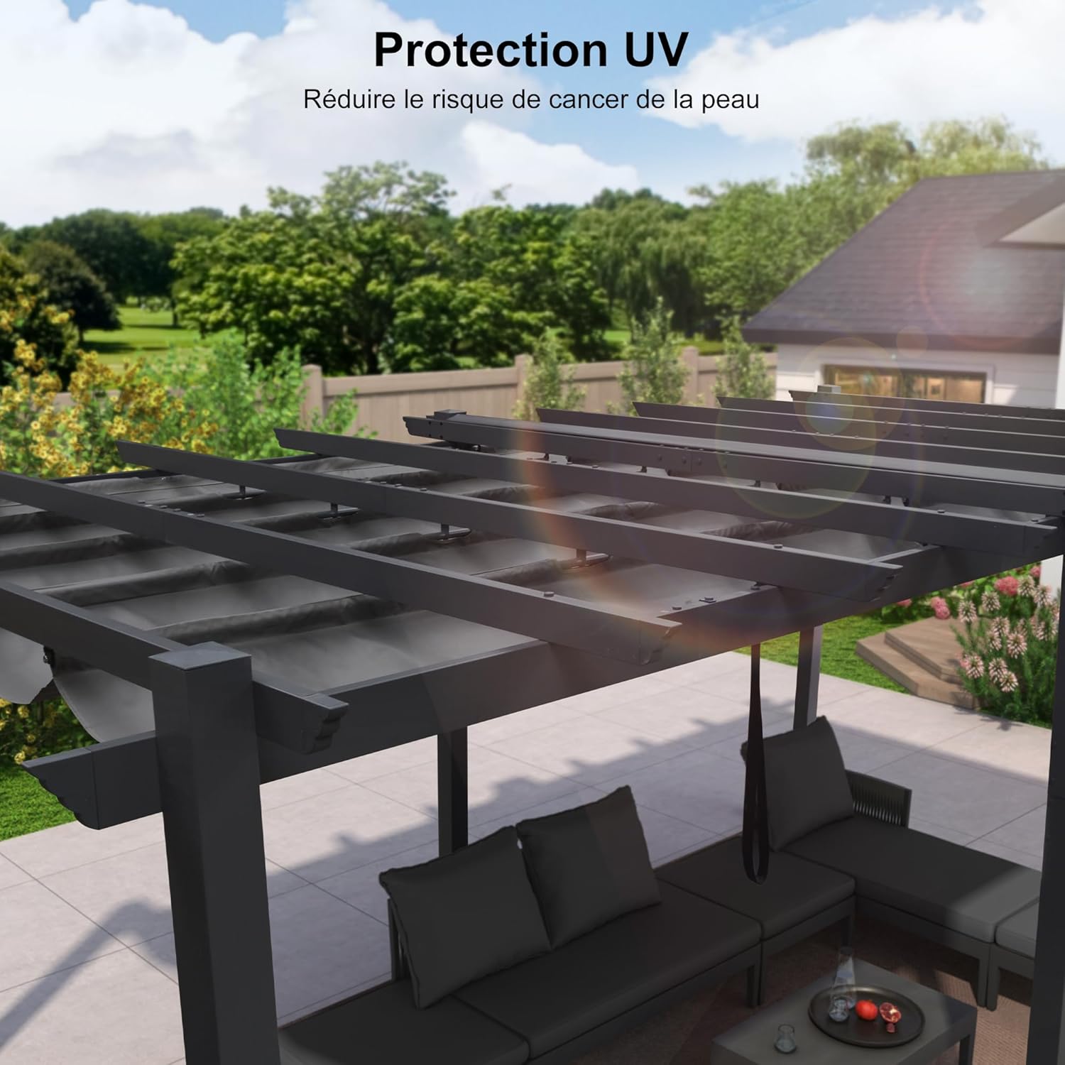 bleujardin - Pergola Aluminium - 5,5 x 3,5 m - Toit coulissant, tissu teint en fil, gris