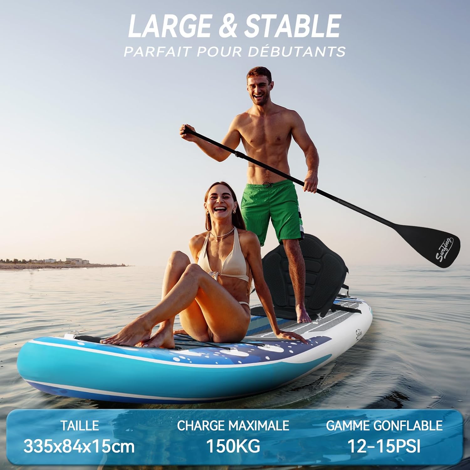 bleujardin - Paddle gonflable 320/335cm - 2 personnes, siège kayak, jusqu'à 150kg