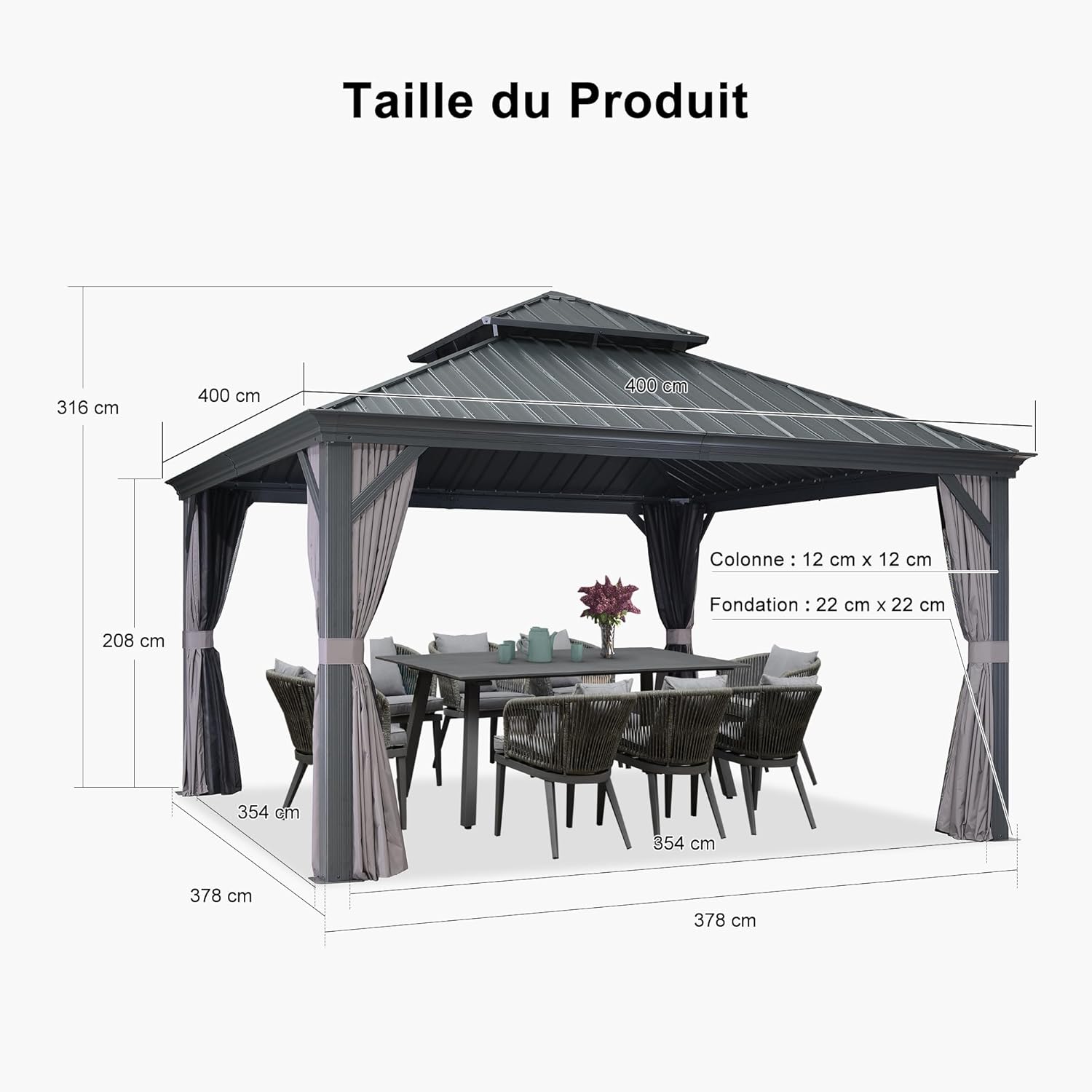 bleujardin - tonnelle double toit acier 4x4m, rideaux, moustiquaire