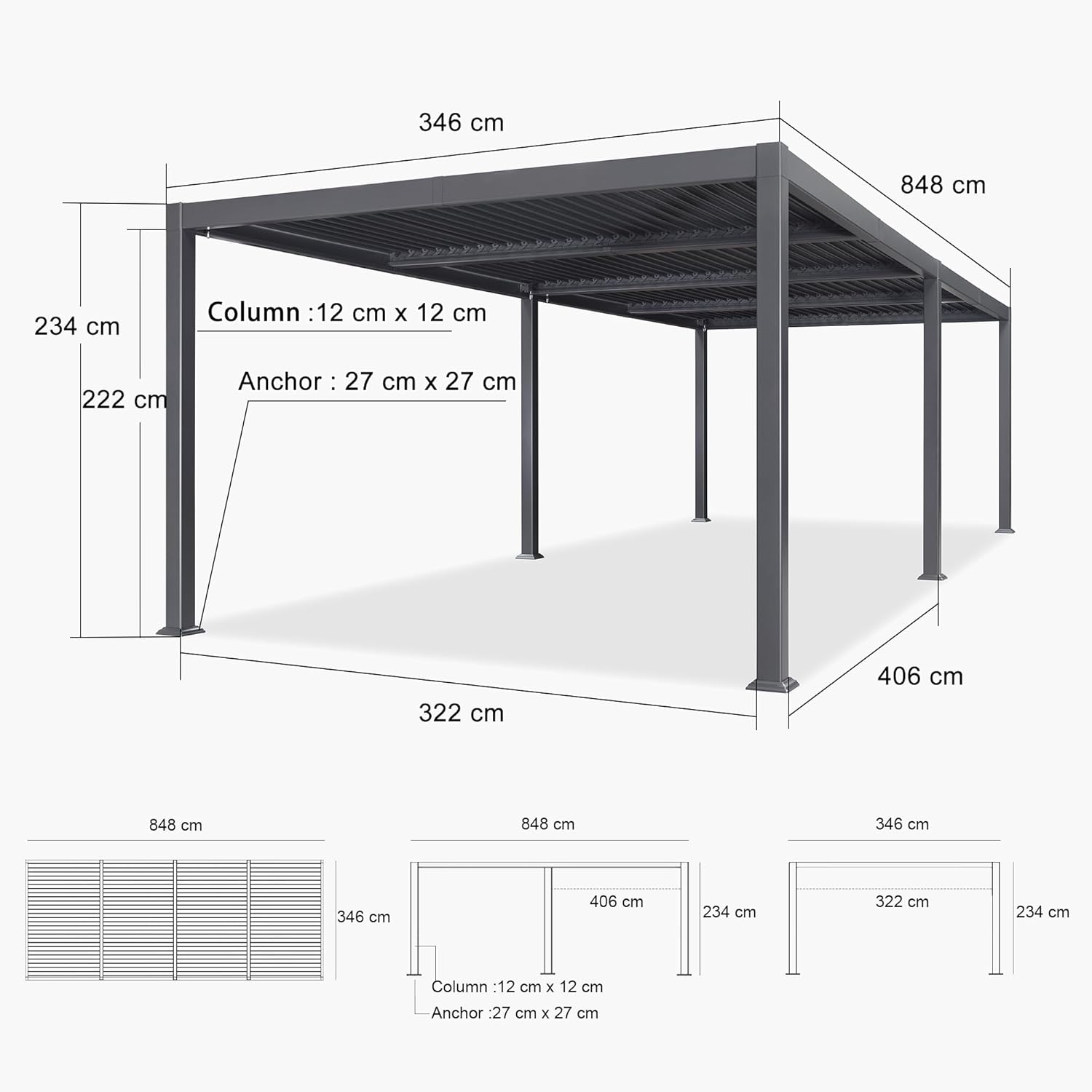 bleujardin - Pergola bioclimatique série - 3,5x8,5m - aluminium, lames orientables, jardin, terrasse, gris