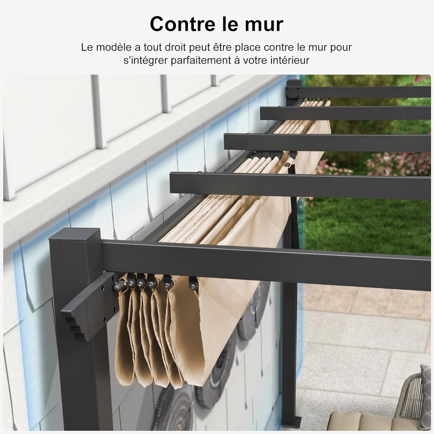 bleujardin - Pergola murale - 4 x 2,7 m - toit coulissant alu, tissu kaki