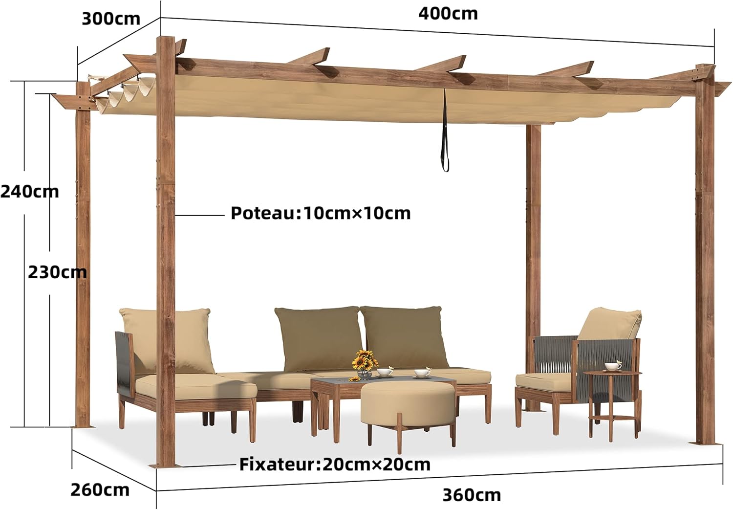 bleujardin - Pergola aluminium 4x3m, toit rétractable, éclairage intégré, finition teck, kaki