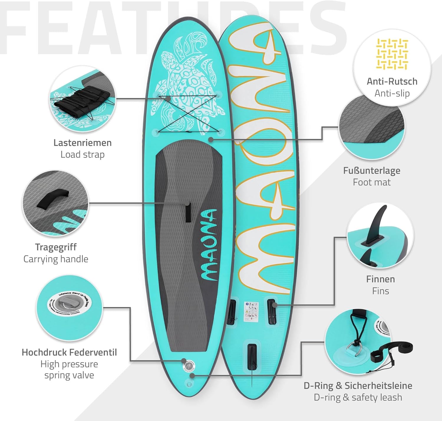 bleujardin - Stand Up Paddle Gonflable - 305/308/320/380 cm - PVC 120/150 kg 10/15 cm