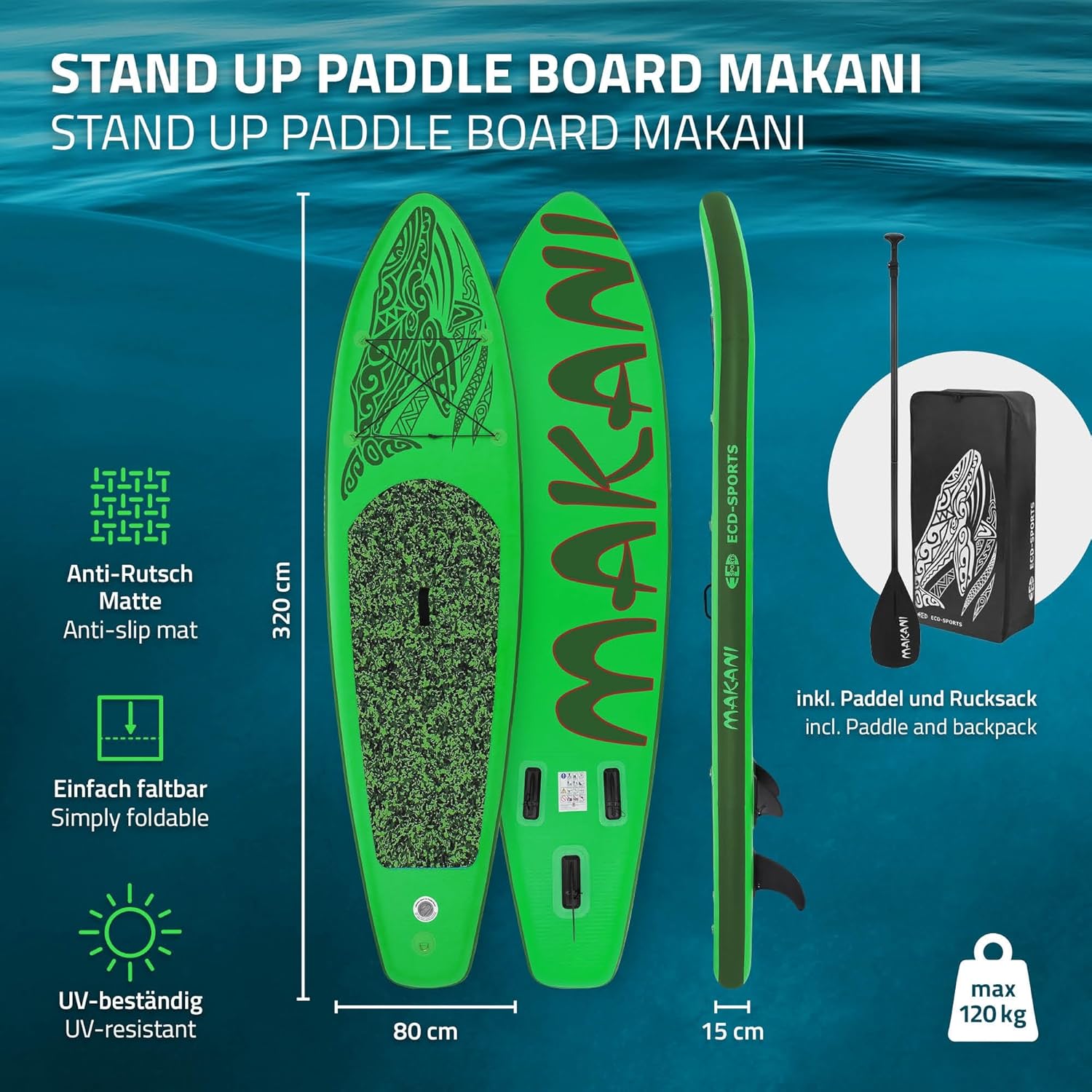 bleujardin - planche stand up paddle - 305/308/320/380 cm - PVC, jusqu'à 150 kg, 10/15 cm d'épaisseur