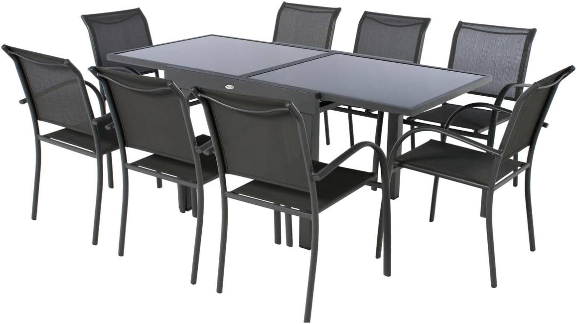 bleujardin - Table Piazza Gris Graphite extensible 8 places - Aluminium anti-rouille, verre trempé, rallonge coulissante.