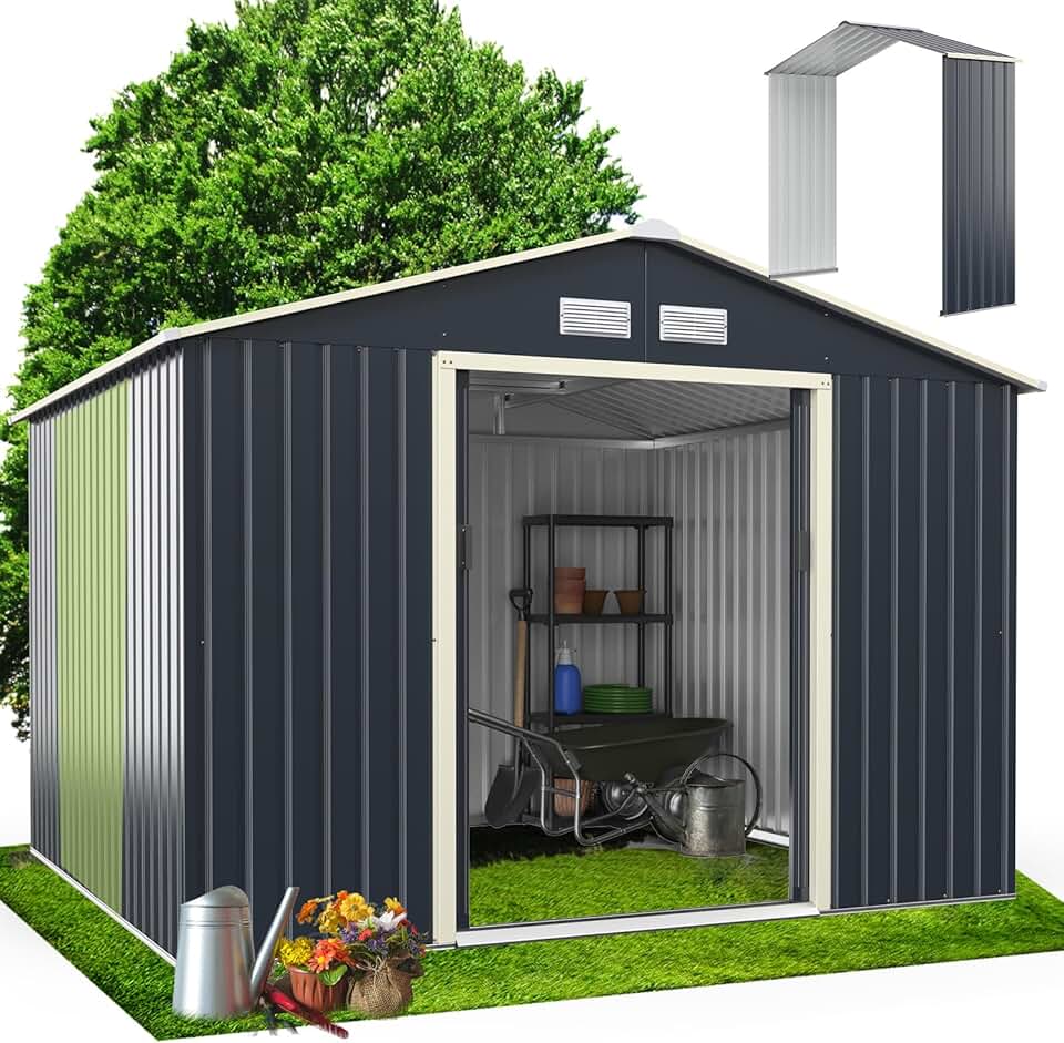 bleujardin Abri de Jardin Métal 7m2 avec Abri d'Extension Porte Coulissante, Cabane de Jardin Extérieur 267x256x202cm Outils de Jardin résistant aux intempéries, KX7177KV+FR