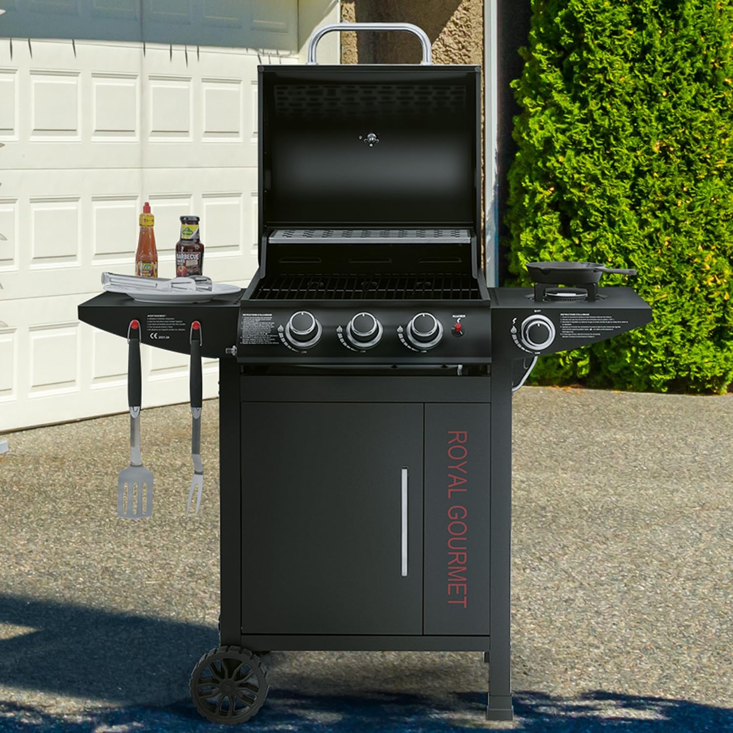 bleujardin - barbecue gaz 3+1 brûleurs inox - 11,5 kW - chariot, 2 roues, thermomètre
