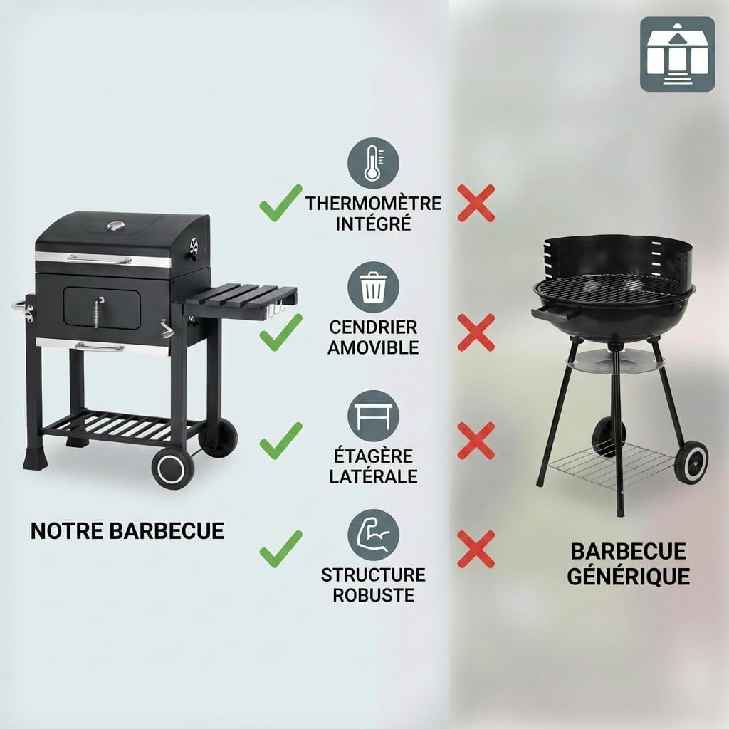 bleujardin - Memphis - acier, grille, tablette pliable, roulettes, thermomètre, bac à cendres