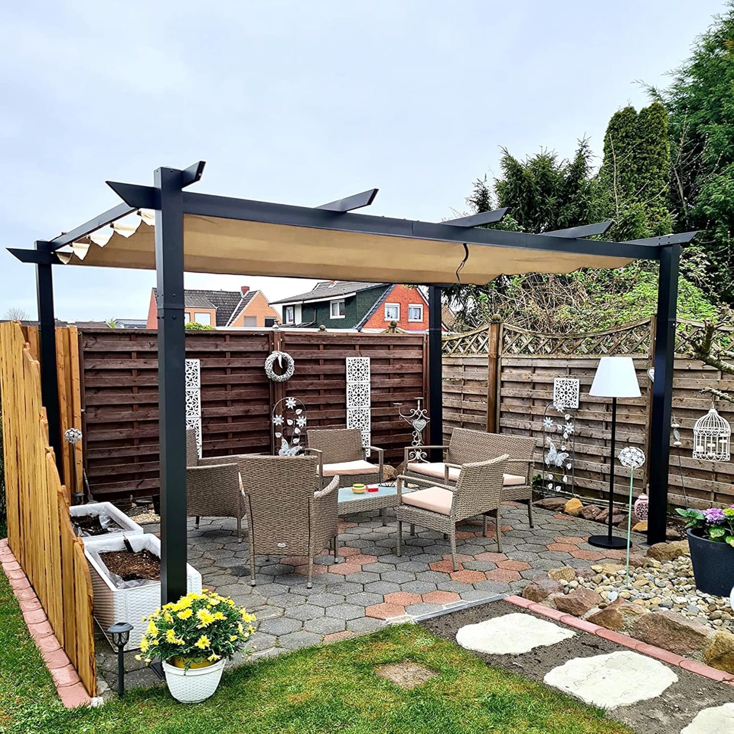 bleujardin - Pergola Kaki - 4x3m aluminium, toit rétractable, imperméable