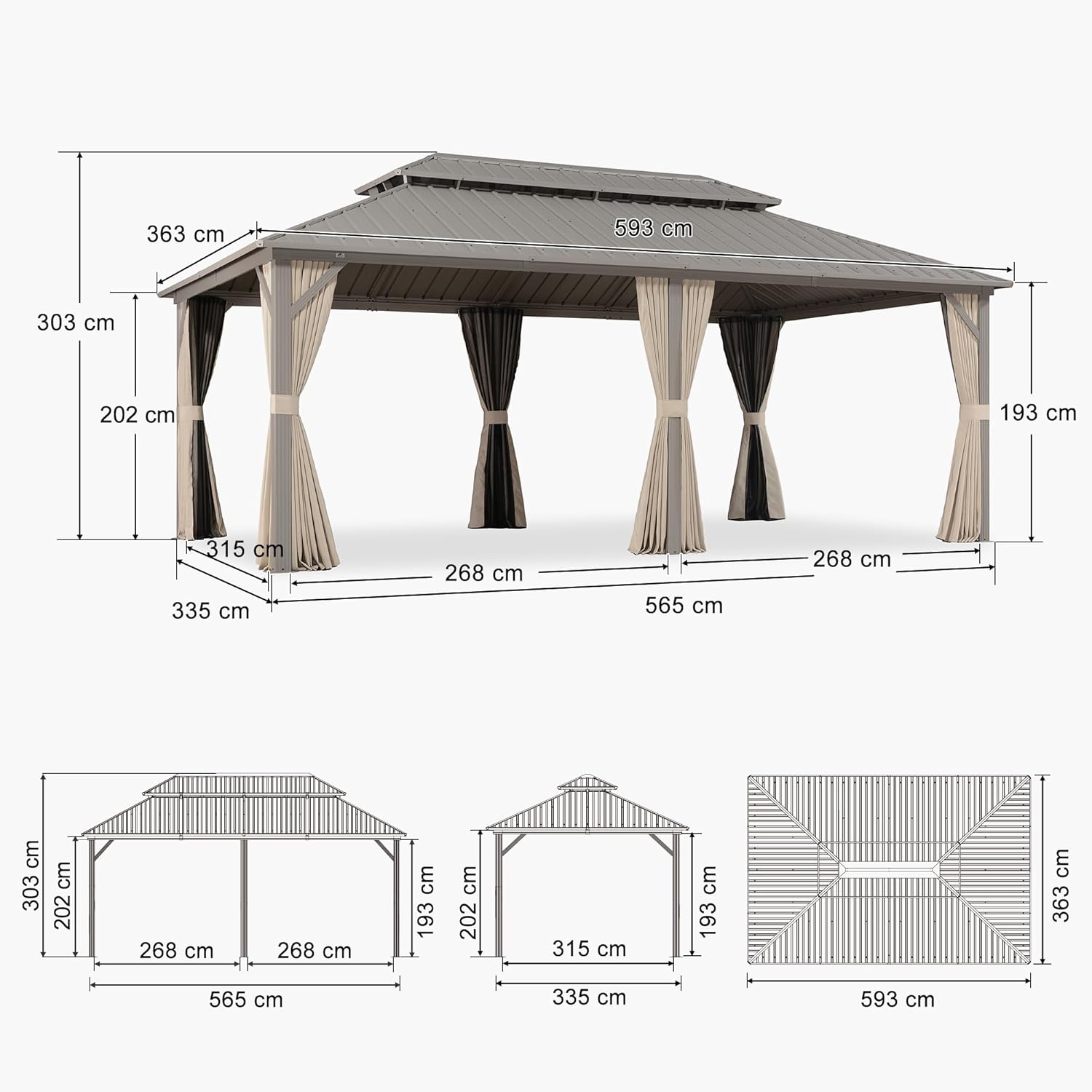 bleujardin Tonnelle de Jardin Extérieur 6 x 3,65 m avec Guirlande Lumineuse, Pergola Aluminium à Toit Rigide en Acier Galvanisé, Pavillon Imperméable pour Camping, Fête, Barbecue, Champagne