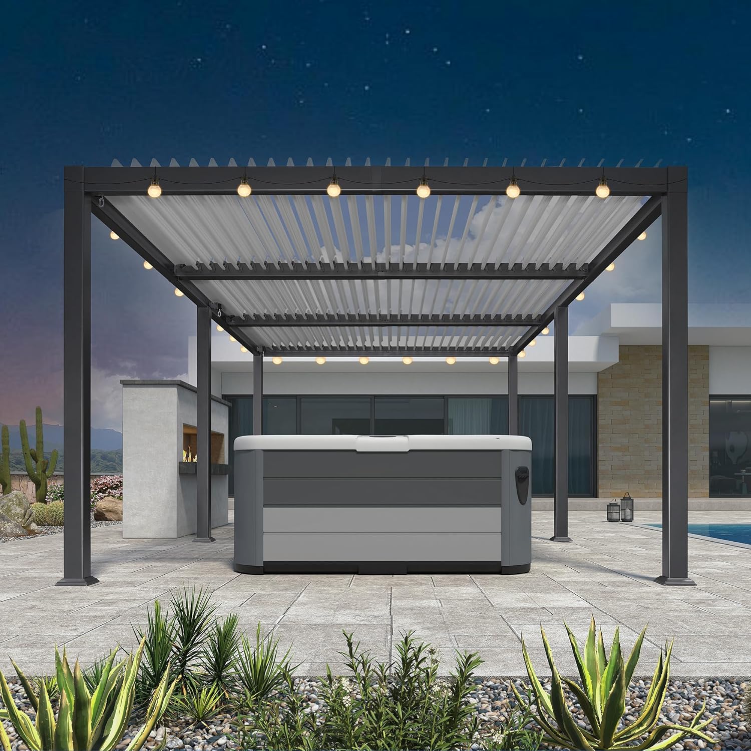 bleujardin - Pergola Bioclimatique - 6,35x3,5m - Aluminium, éclairage, lames orientables, poteaux blancs
