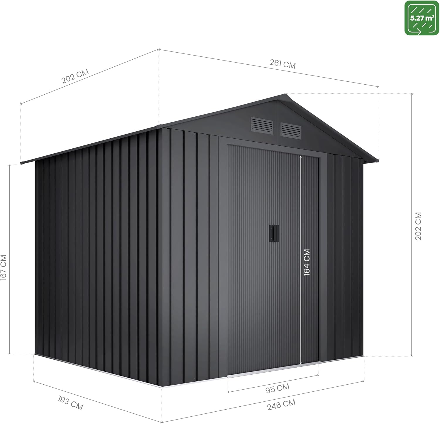 Abri de Jardin en métal 5,27m2 Light Anthracite - 261x202x202cm - 4 grilles - Double Porte coulissante - Rangement extérieur -