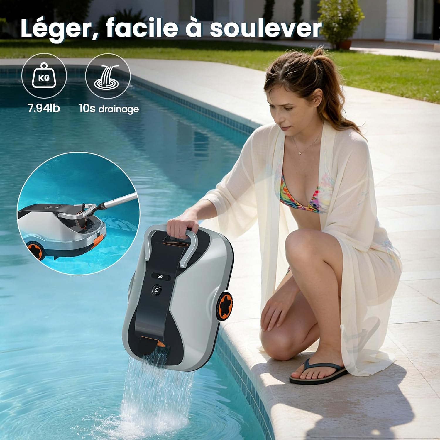 Robot piscine sans fil - 200min autonomie, filtration fine, 232m², compact
