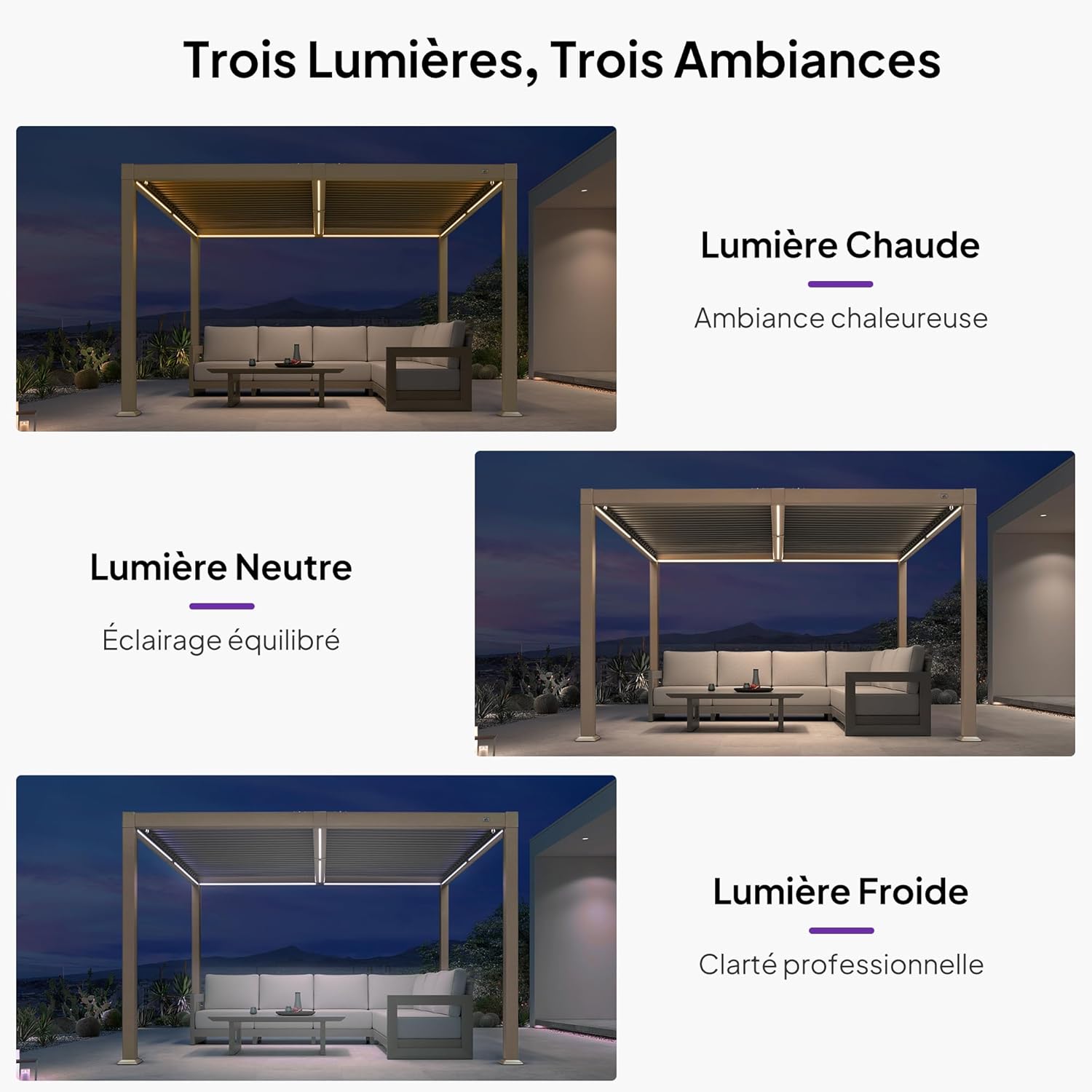 bleujardin - pergola bioclimatique LED - 3x3,65m - alu, lames orientables, étanche