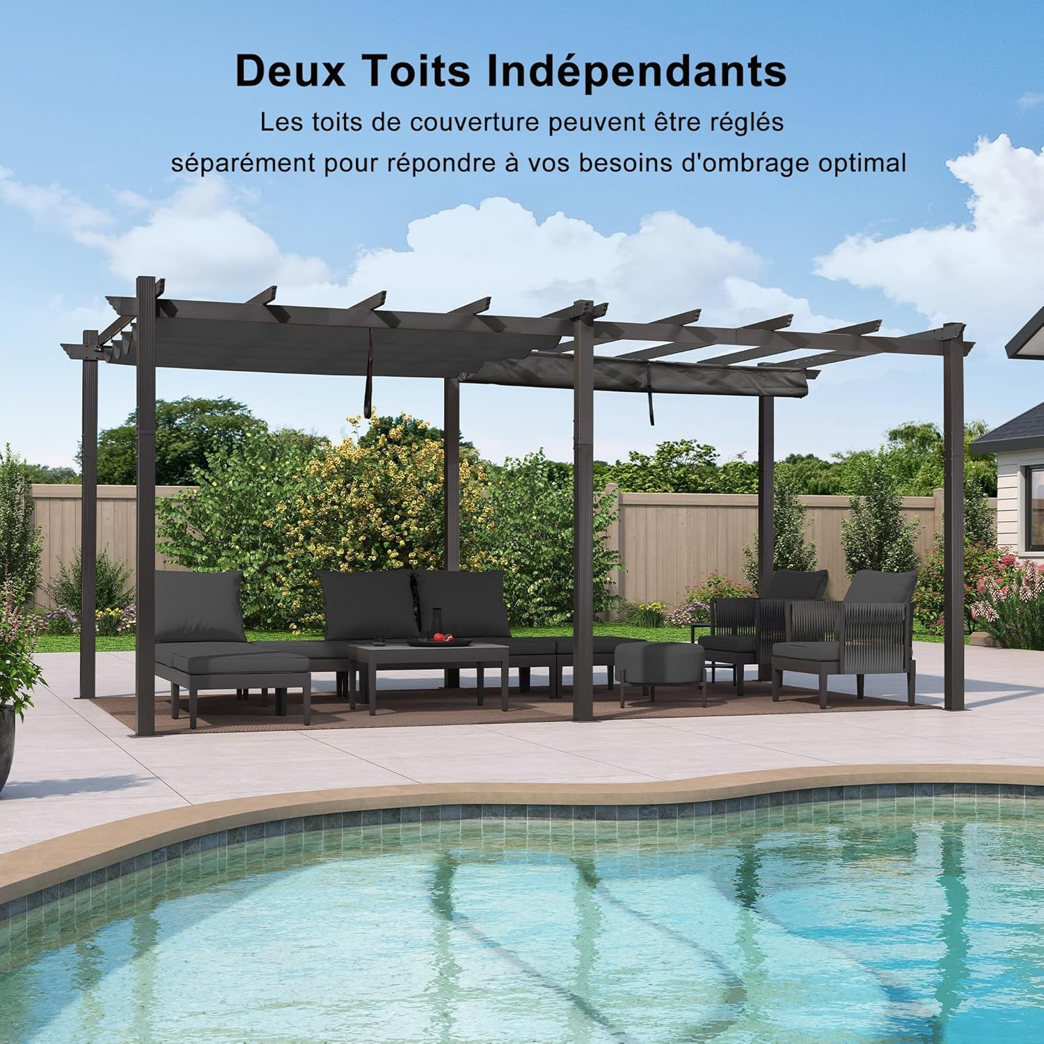 bleujardin - Pergola Aluminium 5.5 x 3.5 m - Éclairage LED intégré, toit rétractable, tissu teinté, structure résistant