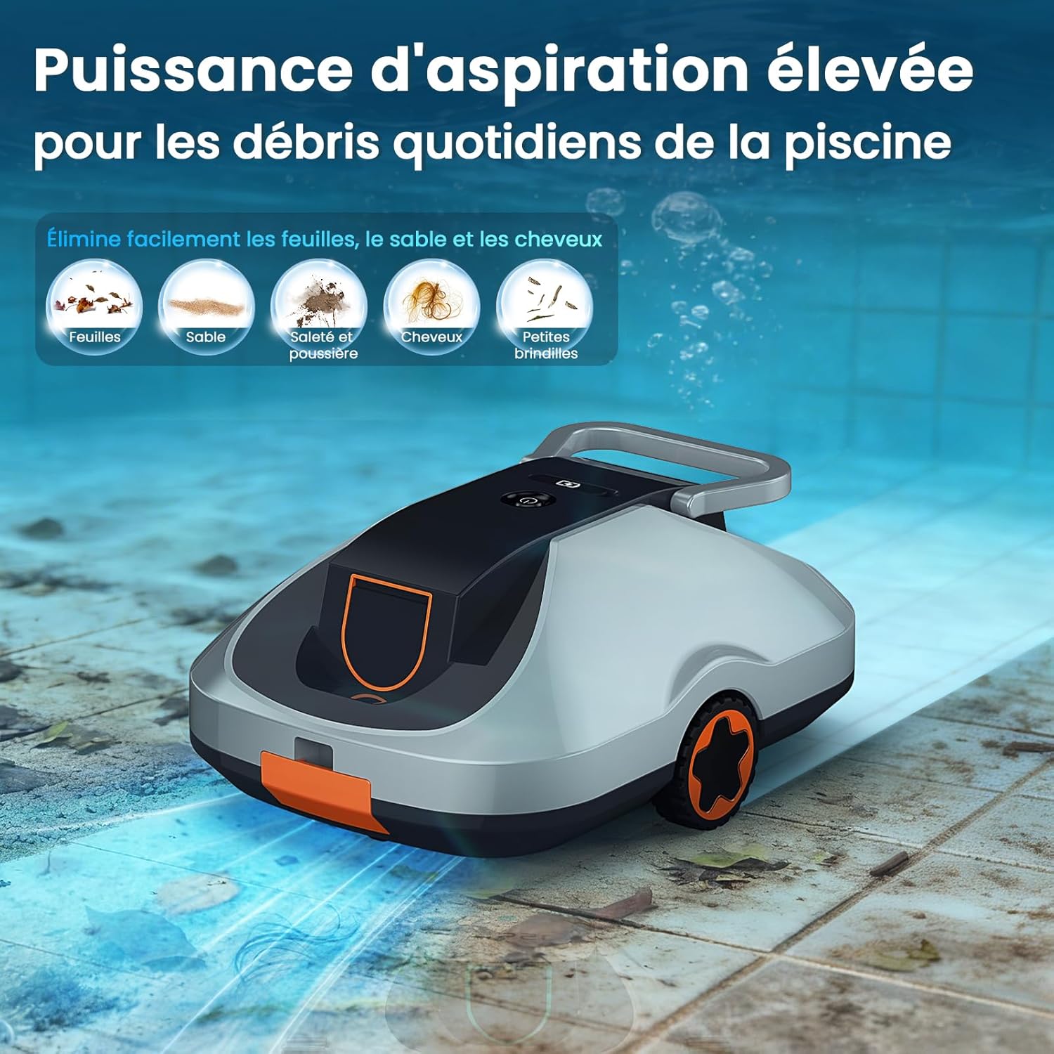 Robot piscine sans fil - 200min autonomie, filtration fine, 232m², compact