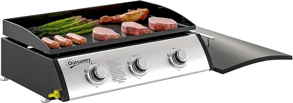 bleujardin - Plancha gaz 3 brûleurs, 61x35,5cm, couvercle, portable, 7,5kW