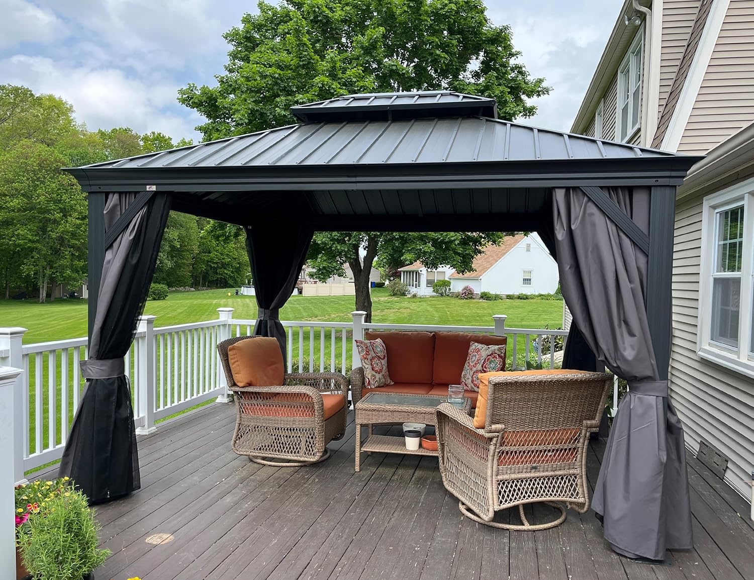 bleujardin - pergola double toit acier 4x3m, moustiquaire, rideaux