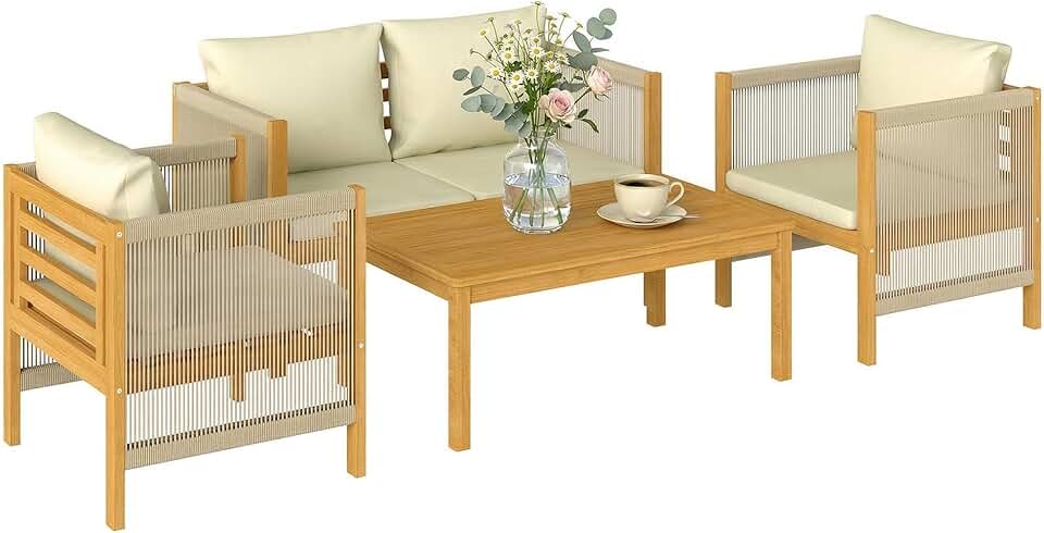 bleujardin - Salon de Jardin en Bois d'Acacia 4 pièces - Canapé, fauteuils, table - Coussins déhoussables, corde tressée, 