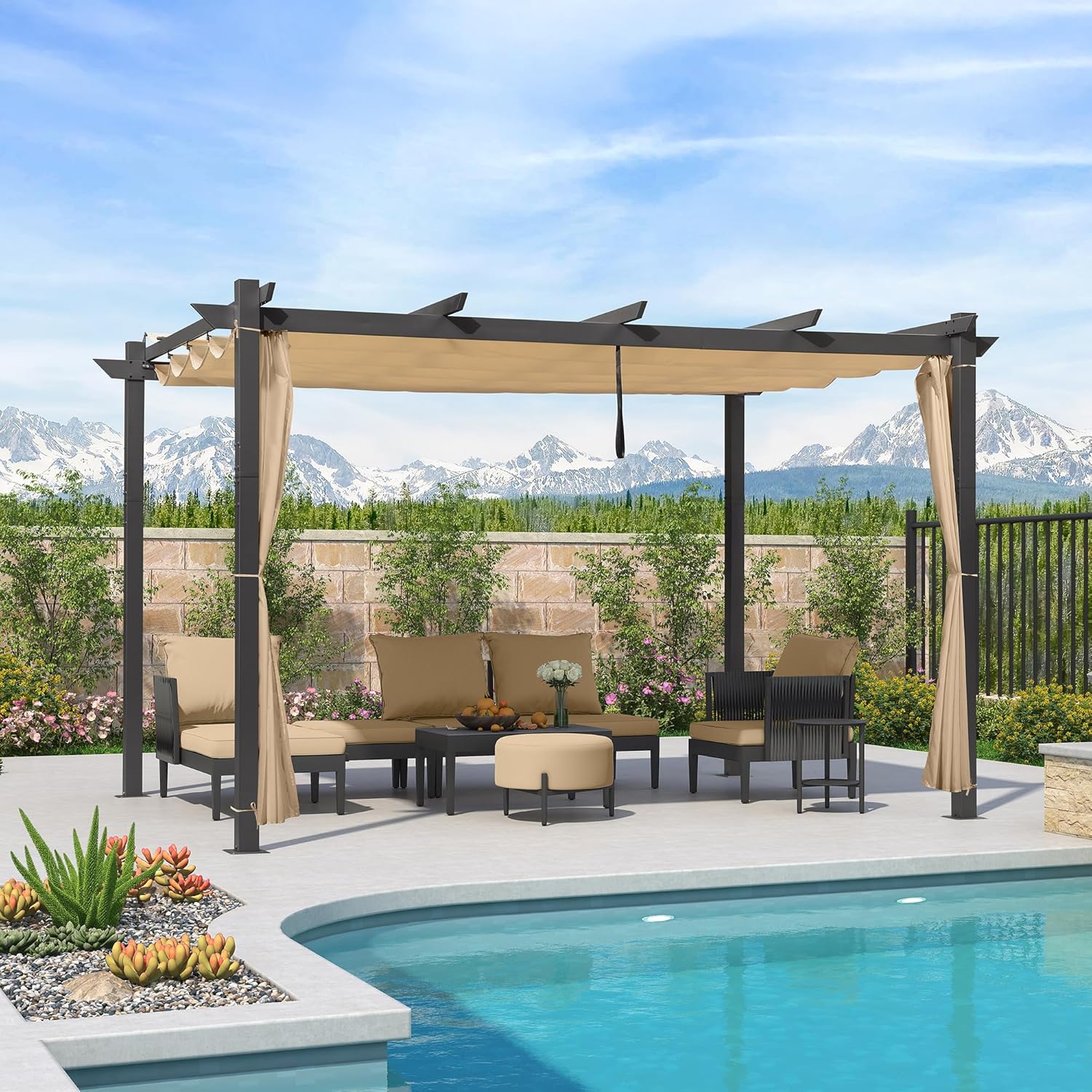bleujardin - pergola aluminium - 4x3m - rideau, toit rétractable, kaki