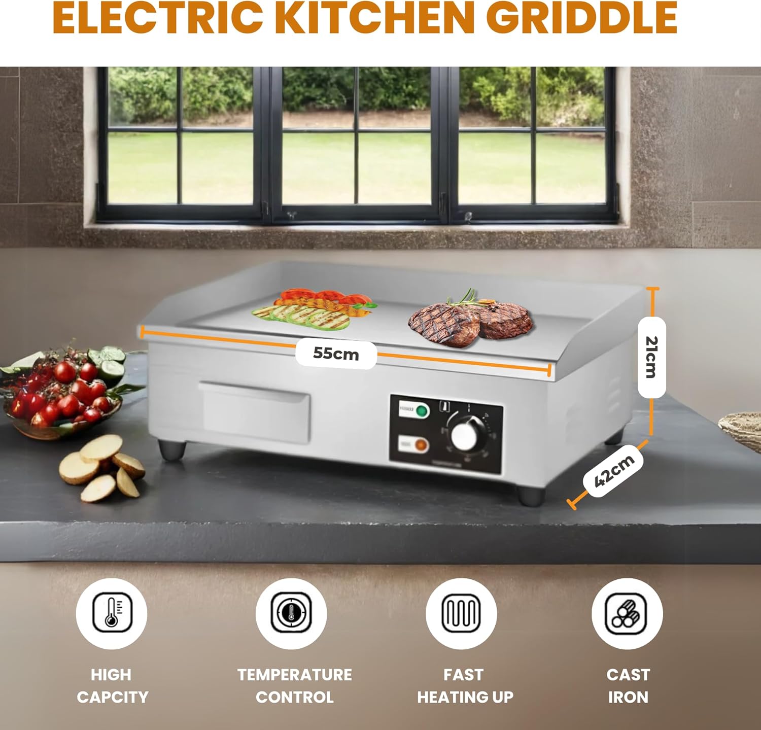 Plancha électrique - 55x35cm - inox, 3000W, bac à graisse, 50-300ºC