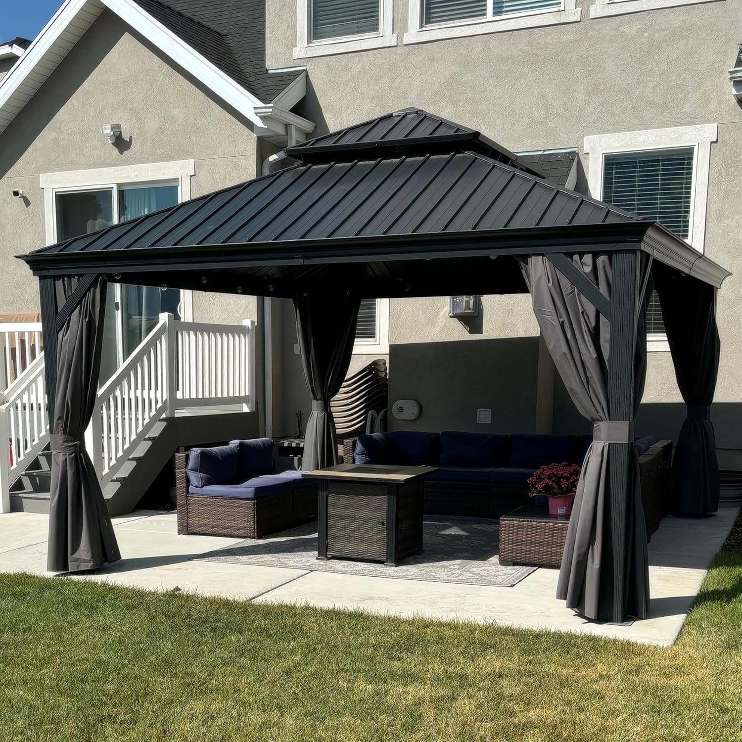 bleujardin - tonnelle double toit acier 4x4m, rideaux, moustiquaire