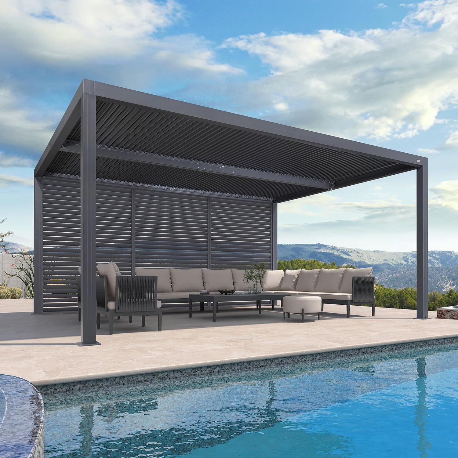 bleujardin - Pergola bioclimatique série aluminium - 4,8x3,68m - lames orientables, persiennes fixes, gris