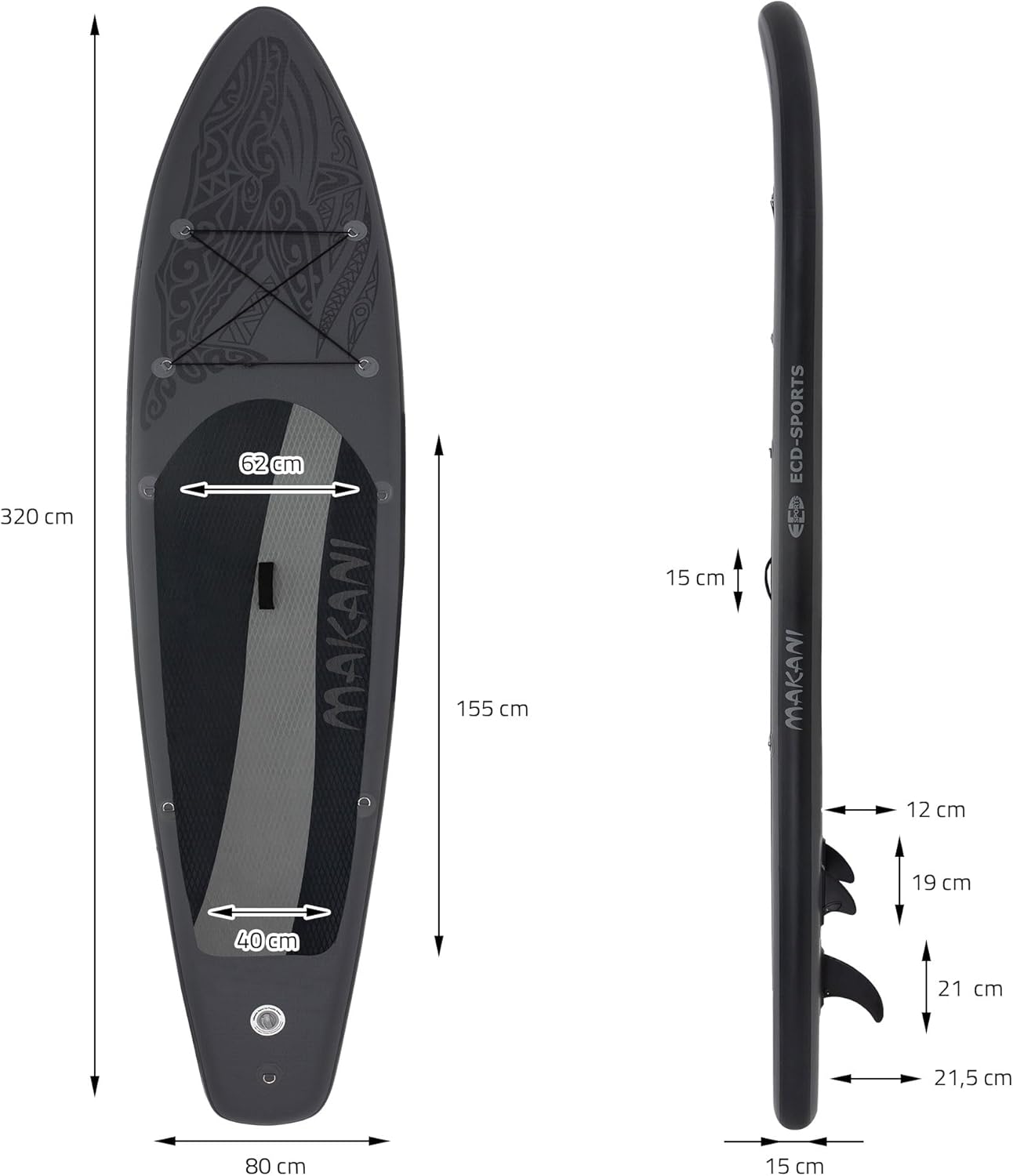 bleujardin - Stand Up Paddle Gonflable - 305/308/320/380 cm - PVC, 120/150 kg, épaisseur 10/15 cm