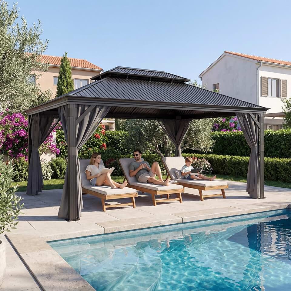 bleujardin - Hardtop Pavillon - 3,65x4,85m - Étanche, double toit, stores, moustiquaires