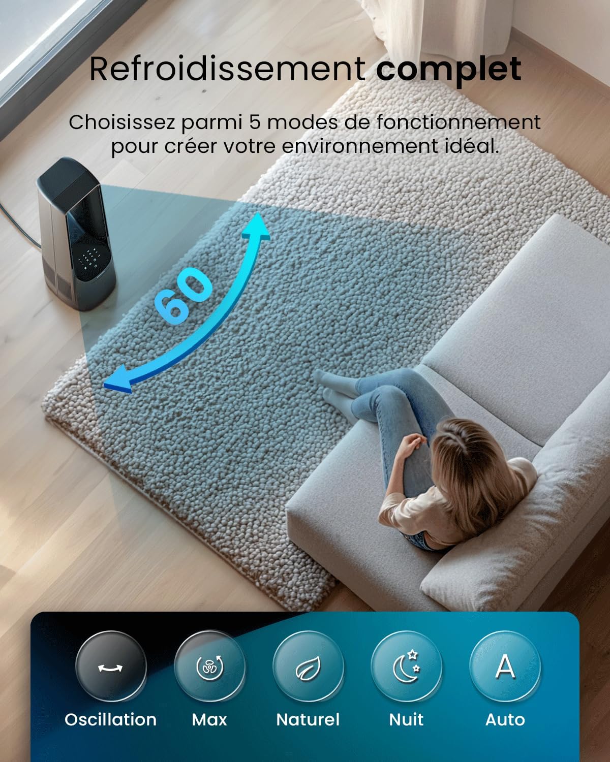 bleujardin - Ventilateur colonne sans pales - 101 cm - WiFi, ultra silencieux, LED, télécommande, 6 vitesses, 5 modes, o