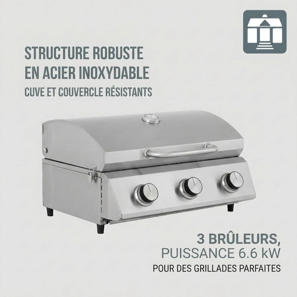 bleujardin - Barbecue à gaz portable - inox - 3 brûleurs, thermomètre, allumage piézo - CATHAN