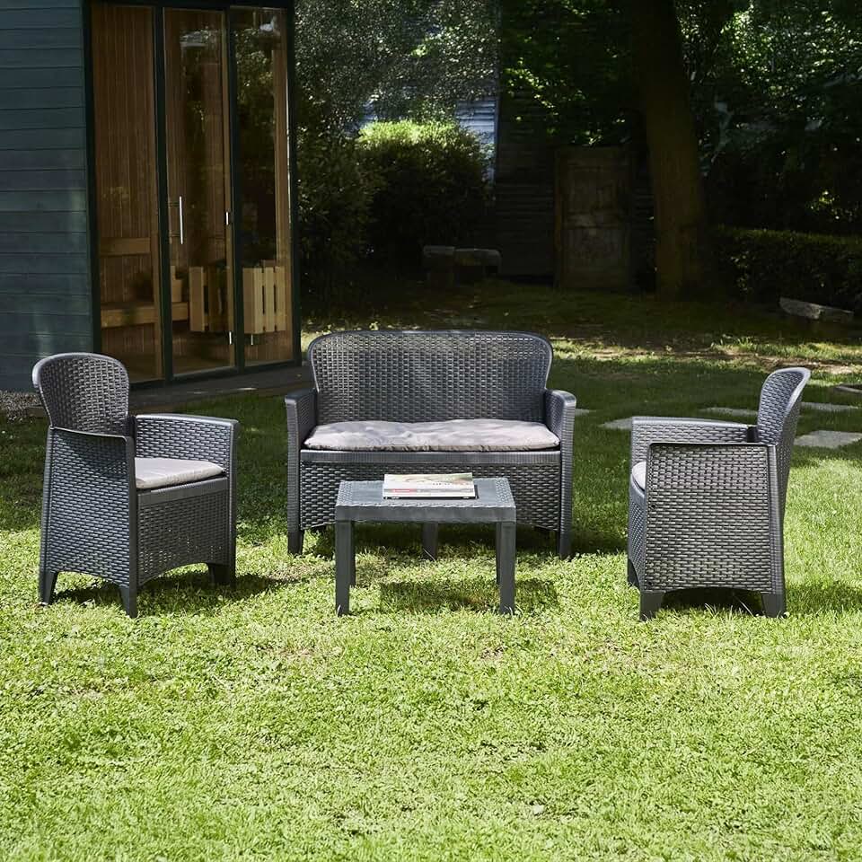 bleujardin - Ostuni salon de jardin - 2 fauteuils, canapé, table basse, coussins, effet rotin, anthracite