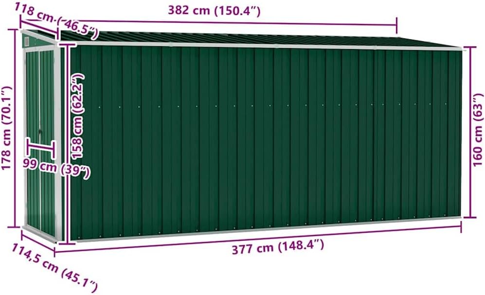 bleujardin Abri de Jardin Mural Vert 118x382x178 cm Acier galvanisé,Structures extérieures, Cabanes & abris de Jardin,316229